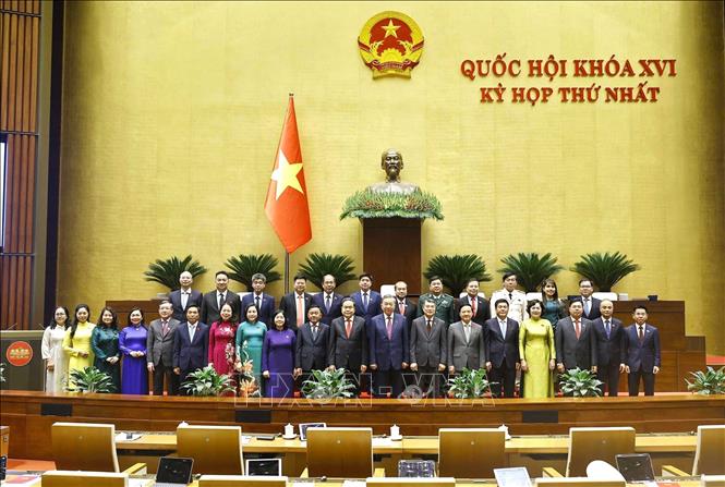 Các đồng chí Lãnh đạo Đảng và Nhà nước với đoàn Đại biểu Quốc hội tỉnh An Giang. Ảnh: TTXVN