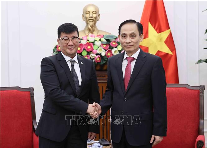 Bộ trưởng Ngoại giao Lê Hoài Trung tiếp Đại sứ Mông Cổ tại Việt Nam Jigjee Sereejav. Ảnh: An Đăng - TTXVN