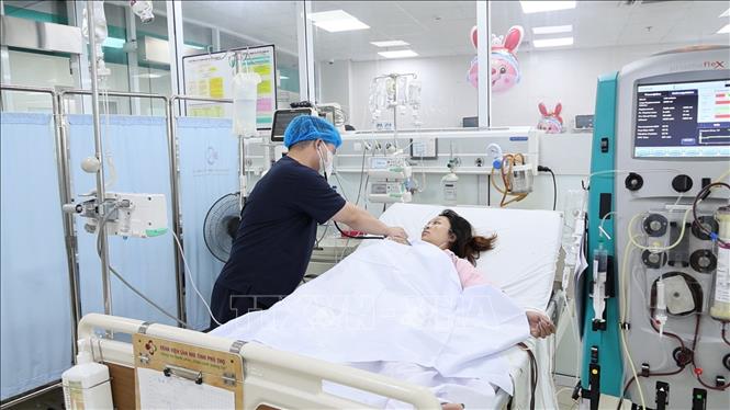 Thai phụ được lọc máu liên tục nhằm nhanh chóng loại bỏ lượng mỡ dư thừa ra khỏi cơ thể. Ảnh: TTXVN phát