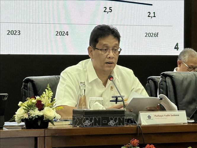 Bộ trưởng Tài chính Purbaya Yudhi Sadewa tại một cuộc họp báo ở Jakarta, Indonesia. Ảnh: Đỗ Quyên – PV TTXVN tại Indonesia