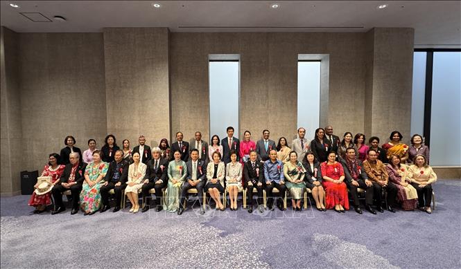 Đại sứ và phu nhân các nước tham dự Hội chợ chụp ảnh lưu niệm chung cùng Ban tổ chức. Ảnh: Phạm Tuân - PV TTXVN tại Nhật Bản