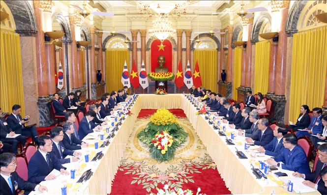 Tổng Bí thư, Chủ tịch nước Tô Lâm hội đàm với Tổng thống Hàn Quốc Lee Jae Myung. Ảnh: Phạm Kiên - TTXVN