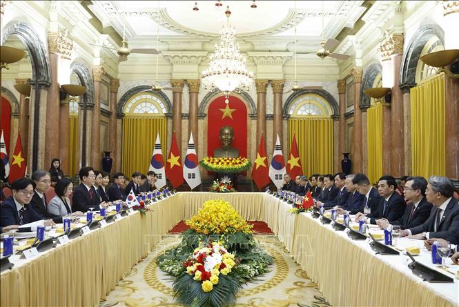 Tổng Bí thư, Chủ tịch nước Tô Lâm và Tổng thống Hàn Quốc Lee Jae Myung hội đàm. Ảnh: Thống Nhất – TTXVN