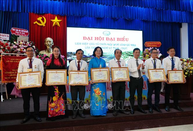 Tặng Bằng khen UBND tỉnh Cà Mau cho các tập thể, cá nhân có thành tích trong nhiệm kỳ qua. Ảnh: Trung Hiếu - TTXVN