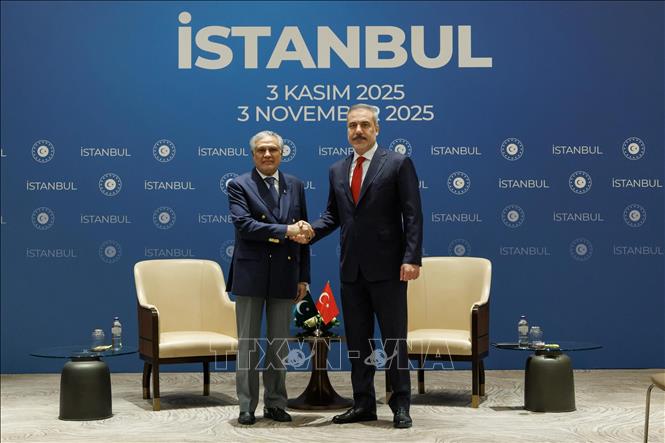 (Tư liệu) Phó Thủ tướng kiêm Ngoại trưởng Pakistan Ishaq Dar (trái) trong cuộc gặp Ngoại trưởng Thổ Nhĩ Kỳ Hakan Fidan tại Istanbul ngày 3/11/2025. Ảnh: THX/TTXVN