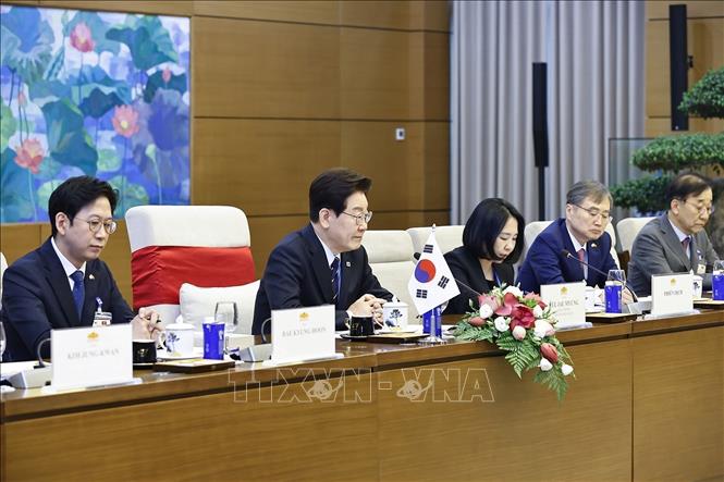 Tổng thống Hàn Quốc Lee Jae Myung phát biểu tại cuộc hội kiến Chủ tịch Quốc hội Trần Thanh Mẫn. Ảnh: Doãn Tấn - TTXVN