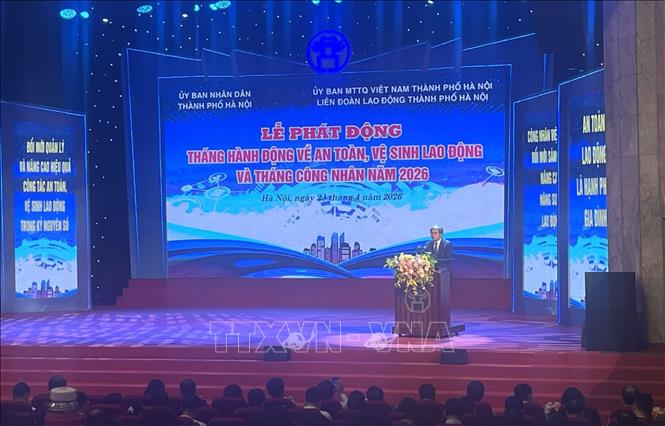 Quang cảnh lễ phát động Tháng hành động về An toàn, vệ sinh lao động và Tháng Công nhân năm 2026. Ảnh: Hùng Mạnh - TTXVN.