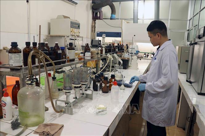 Cán bộ Trung tâm Quan trắc môi trường, Sở Nông nghiệp và Môi trường Hải Phòng xét nghiệm các mẫu. Ảnh: Hoàng Ngọc – TTXVN 