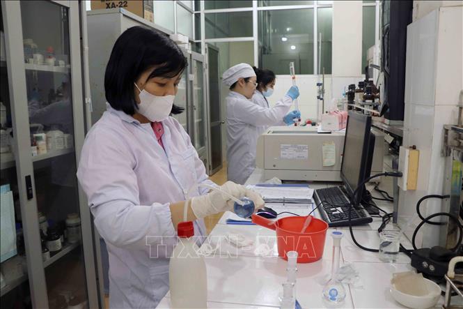 Cán bộ Trung tâm Quan trắc môi trường, Sở Nông nghiệp và Môi trường Hải Phòng xét nghiệm các mẫu. Ảnh: Hoàng Ngọc – TTXVN 