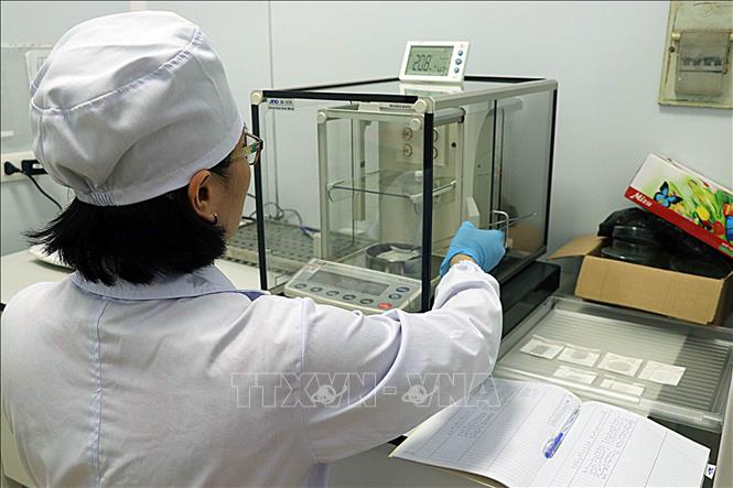 Cán bộ Trung tâm Quan trắc môi trường, Sở Nông nghiệp và Môi trường Hải Phòng xét nghiệm các mẫu. Ảnh: Hoàng Ngọc – TTXVN 