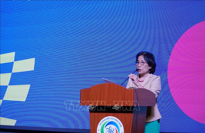 Bà Nguyễn Minh Hương, Chủ tịch Hội Sở hữu trí tuệ Thành phố Hồ Chí Minh phát biểu tại toạ đàm. Ảnh: Thu Hoài - TTXVN