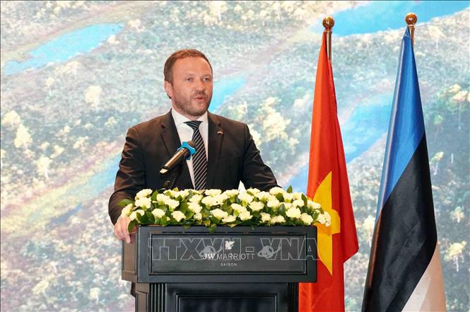 Bộ trưởng Ngoại giao Estonia Margus Tsahkn phát biểu tại sự kiện. Ảnh: Trung Tuyến - TTXVN