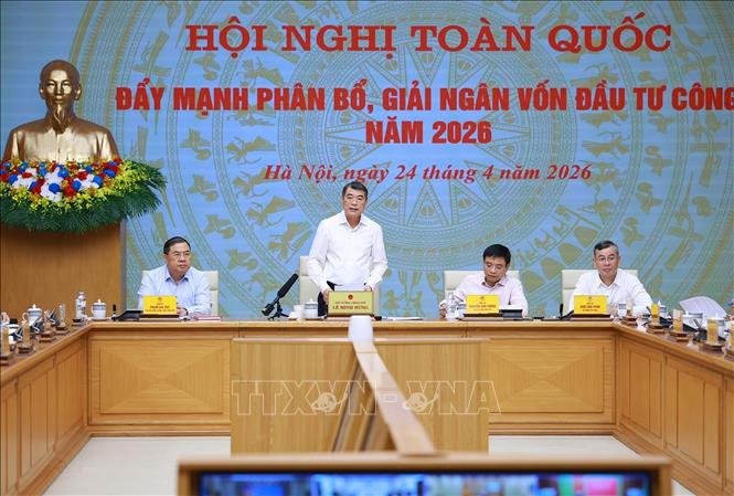 Thủ tướng Lê Minh Hưng chủ trì Hội nghị toàn quốc đẩy mạnh phân bổ, giải ngân vốn đầu tư công năm 2026. Ảnh: Dương Giang – TTXVN
