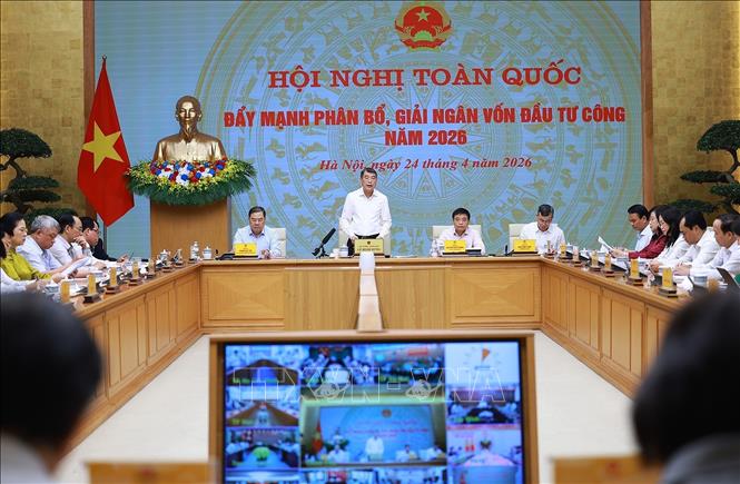 Thủ tướng Lê Minh Hưng chủ trì Hội nghị toàn quốc đẩy mạnh phân bổ, giải ngân vốn đầu tư công năm 2026. Ảnh: Dương Giang – TTXVN
