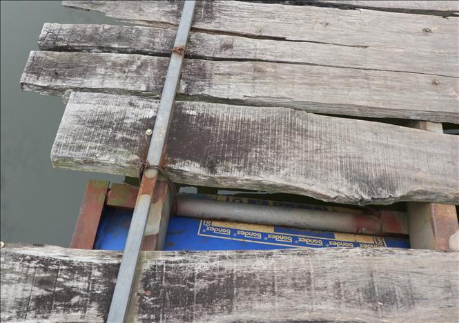 Cầu phao bị xuống cấp nghiêm trọng, mặt cầu mục. Ảnh: Thanh Thương-TTXVN