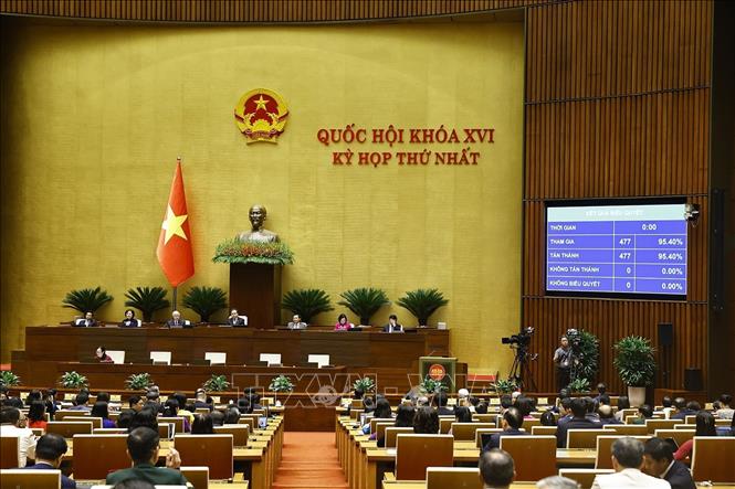 Quốc hội biểu quyết thông qua Nghị quyết Kỳ họp thứ Nhất, Quốc hội khoá XVI. Ảnh: Doãn Tấn - TTXVN