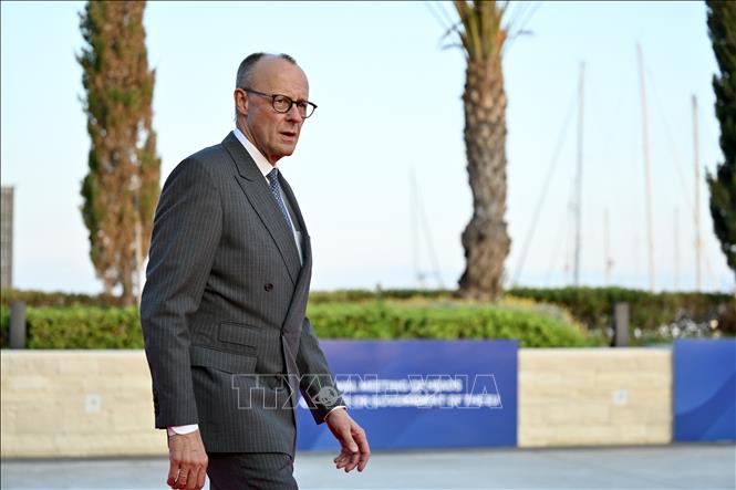Thủ tướng Đức Friedrich Merz tới dự Hội nghị thượng đỉnh EU ở Ayia Napa, CH Cyprus, ngày 23/4/2026. Ảnh: THX/TTXVN