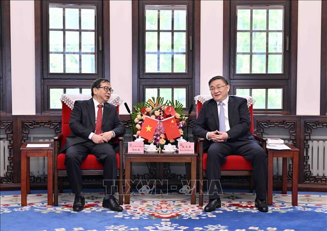 Phó Tổng Giám đốc TTXVN Nguyễn Tuấn Hùng (trái) hội đàm với đồng chí Nhậm Vệ Đông, Ủy viên Ban Cán sự Đảng, Phó Tổng Biên tập Tân Hoa xã. Ảnh: THX/TTXVN phát