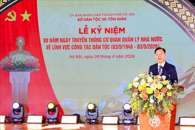 Giám đốc Sở Dân tộc và Tôn giáo thành phố Hà Nội Nguyễn Sỹ Trường phát biểu tại buổi lễ. Ảnh: Hùng Mạnh - TTXVN.
