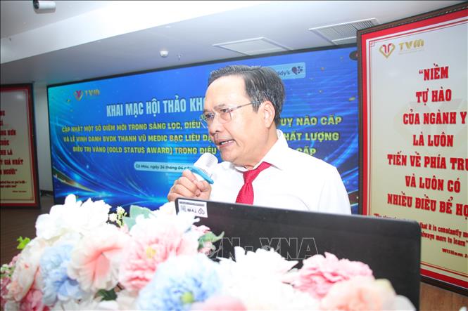 Thạc sĩ Bác sĩ Phạm Thanh Vũ, Chủ tịch Hội đồng Quản trị Bệnh viện Đa khoa Thanh Vũ Medic Bạc Liêu phát biểu tại buổi lễ. Ảnh: Chanh Đa - TTXVN