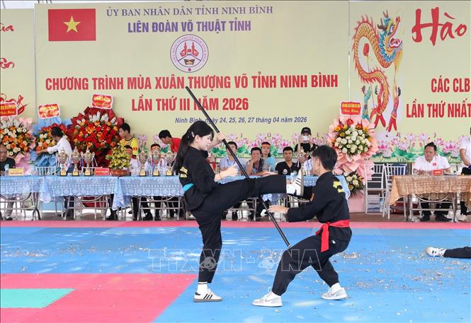 Giao lưu các câu lạc bộ võ thuật cổ truyền tại lễ hội. Ảnh: Đức Phương – TTXVN