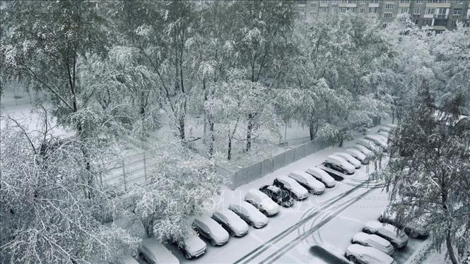 Ngay từ đêm 26/4, tuyết đã rơi dày đặc, bao phủ các tuyến phố ở thủ đô Moskva. Ảnh: Trần Hải - PV TTXVN tại Nga 