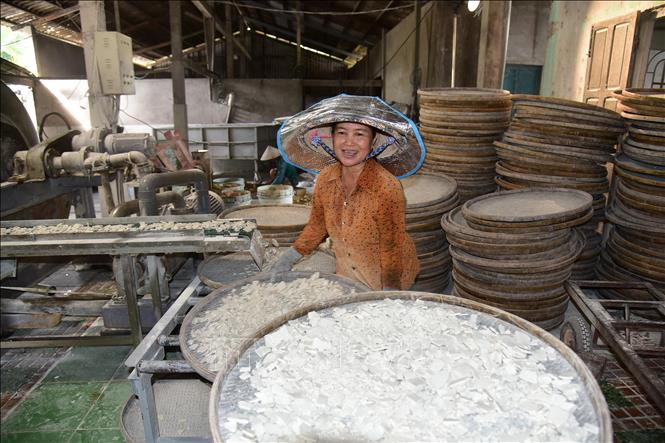 Chị Huỳnh Thị Hồng Nga hứng bột vào nia, dàn đều rồi đem phơi nắng. Ảnh: Đức Hạnh - TTXVN
