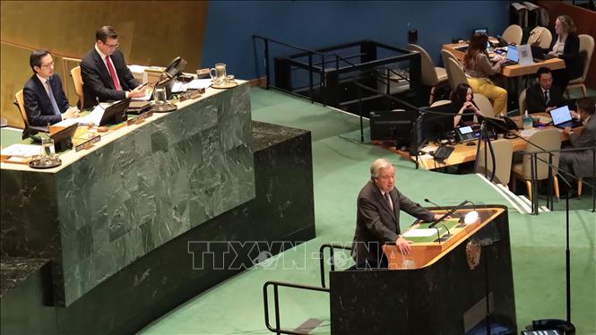 Tổng thư ký Liên hợp quốc António Guterres phát biểu tại phiên khai mạc. Ảnh: Thanh Tuấn - PV TTXVN tại Mỹ