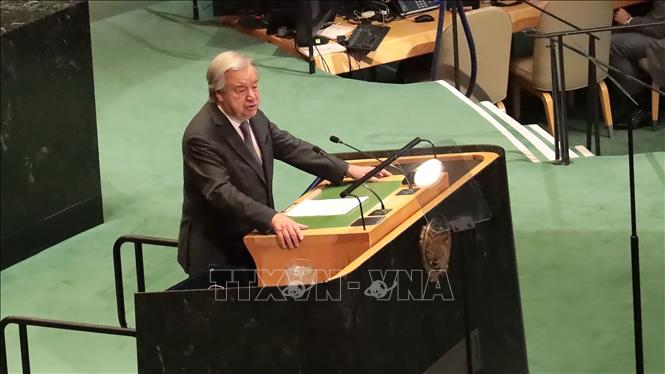 Tổng thư ký Liên hợp quốc António Guterres phát biểu tại phiên khai mạc. Ảnh: Thanh Tuấn - PV TTXVN tại Mỹ