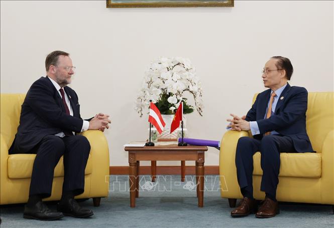 Bộ trưởng Ngoại giao Lê Hoài Trung tiếp Quốc vụ khanh Bộ Ngoại giao Áo Josef Schellhorn. Ảnh: Bùi Hoàn - PV TTXVN từ Brunei