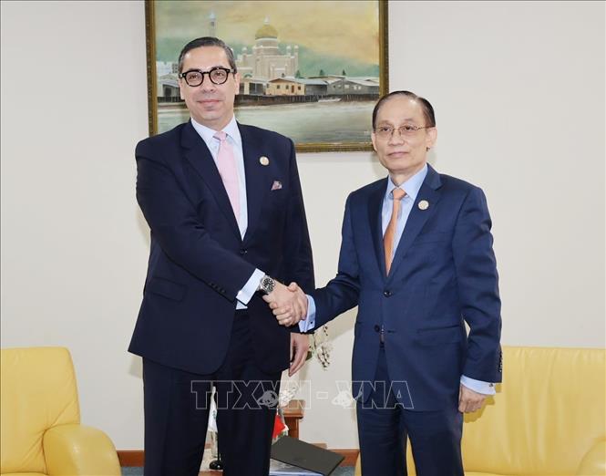 Bộ trưởng Ngoại giao Lê Hoài Trung gặp Bộ trưởng Ngoại giao Cyprus Constantinos Kombos. Ảnh: Bùi Hoàn - PV TTXVN từ Brunei