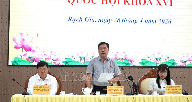 Bí thư Tỉnh ủy An Giang, Trưởng Đoàn Đại biểu Quốc hội tỉnh An Giang Nguyễn Tiến Hải phát biểu. Ảnh: Văn Sĩ - TTXVN