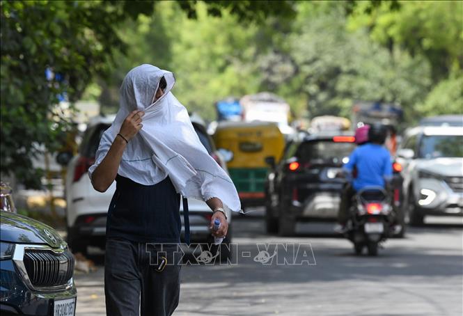 Người dân di chuyển trên đường phố dưới trời nắng nóng tại New Delhi, Ấn Độ. Ảnh: ANI/TTXVN