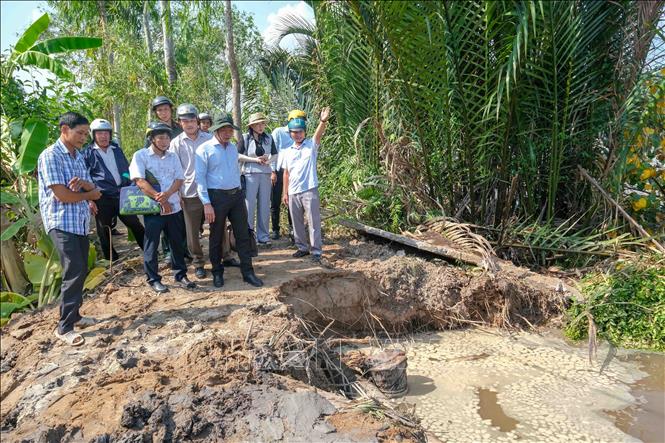 Lãnh đạo Sở Nông nghiệp và Môi trường thành phố Cần Thơ khảo sát một điểm sạt lở tại xã Nhơn Mỹ ngày 28/4/2026. Ảnh: Thanh Liêm - TTXVN