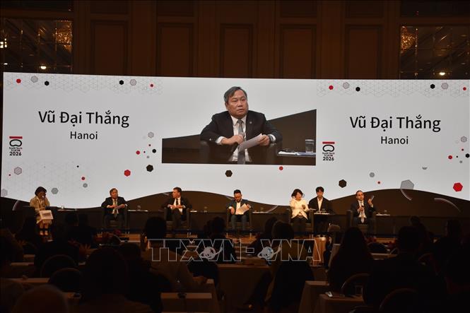 Chủ tịch UBND thành phố Hà Nội Vũ Đại Thắng trình bày tham luận tại G-NETS 2026. Ảnh: Nguyễn Tuyến – Pv TTXVN tại Nhật Bản