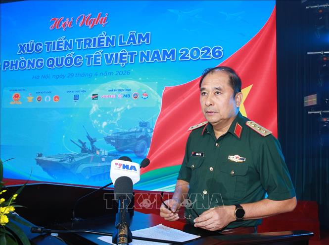 Thượng tướng Phùng Sĩ Tấn, Phó Tổng Tham mưu trưởng QĐND Việt Nam, Trưởng Ban tổ chức Triển lãm Quốc phòng Quốc tế 2026 phát biểu. Ảnh: Trọng Đức - TTXVN
