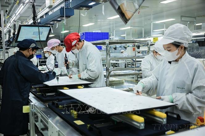Hoạt động sản xuất tại Công ty TNHH Điện tử Regza Việt Nam (100% vốn đầu tư Đài Loan, Trung Quốc) tại tỉnh Đồng Nai. Ảnh: Hoàng Hiếu - TTXVN