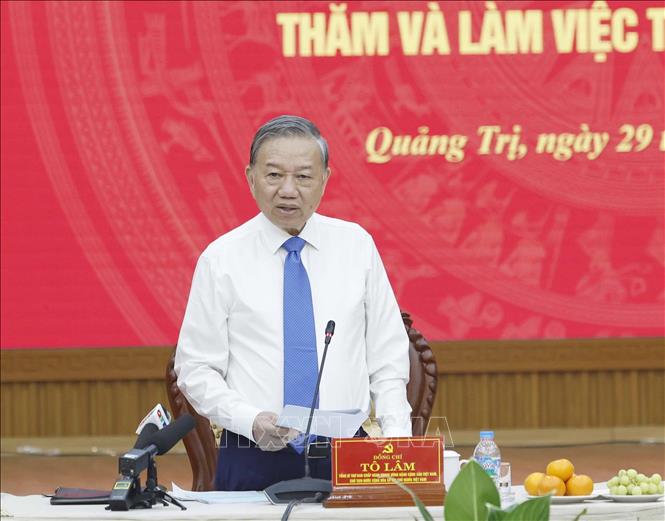 Tổng Bí thư, Chủ tịch nước Tô Lâm phát biểu chỉ đạo tại cuộc làm việc với Ban Thường vụ Tỉnh ủy Quảng Trị. Ảnh: Thống Nhất – TTXVN