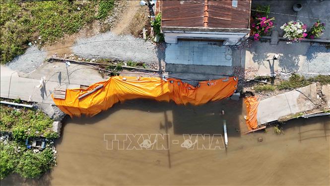 Tuyến đường bê tông ở ấp Phú Tây, xã Nhơn Mỹ bị sụp xuống sông trong vụ sạt lở xảy ra ngày 23/4/2026. Ảnh: Thanh Liêm - TTXVN