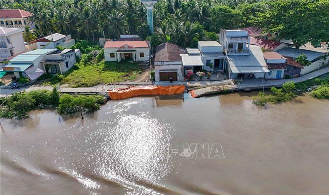 Hiện trường vụ sạt lở bờ sông Phụng An tại ấp Phú Tây, xã Nhơn Mỹ ngày 23/4/2026 làm sụp tuyến đường giao thông ven sông, đe dọa nhà dân. Ảnh: Thanh Liêm - TTXVN