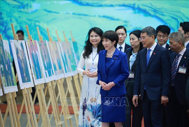 Thủ tướng Lê Minh Hưng và Thủ tướng Nhật Bản Takaichi Sanae tham quan Trưng bày ảnh về quan hệ hợp tác giữa hai nước. Ảnh: Dương Giang – TTXVN 