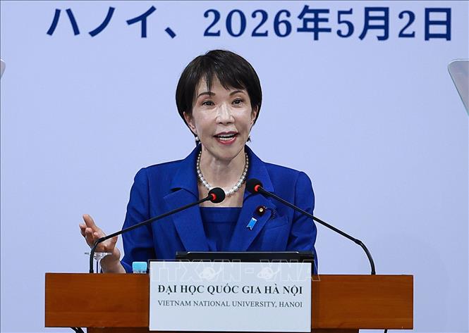 Thủ tướng Nhật Bản Takaichi Sanae phát biểu chính sách tại Đại học Quốc gia Hà Nội. Ảnh: Dương Giang – TTXVN
