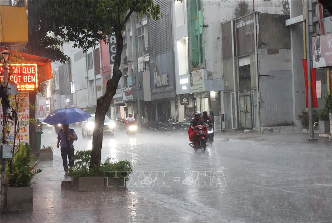 Mưa to bất chợt trên đường Hồ Văn Huê, phường Đức Nhuận, chiều 2/5. Ảnh: Hồng Đạt - TTXVN