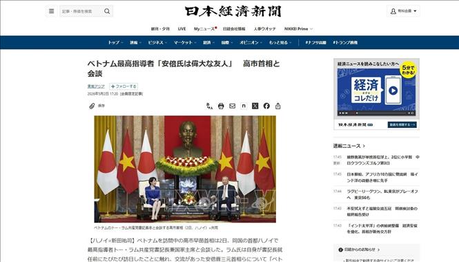 Báo Nikkei đưa tin Tổng bí thư, Chủ tịch nước Tô Lâm tiếp Thủ tướng Takaichi     (ảnh chụp màn hình). Ảnh: Nguyễn Tuyến-PV TTXVN tại Nhật Bản