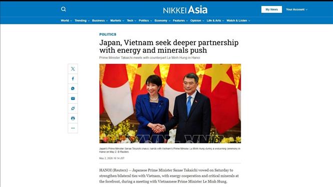 Báo Nikkei Asia đưa tin đậm nét với tiêu đề “Nhật Bản, Việt Nam thúc đẩy quan hệ đối tác với trọng tâm là năng lượng và khoáng sản” (ảnh chụp màn hình). Ảnh: Nguyễn Tuyến-PV TTXVN tại Nhật Bản