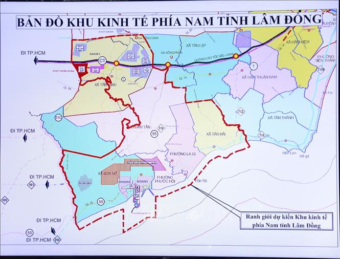 Bản đồ dự kiến thành lập Khu kinh tế ven biển phía Nam của tỉnh Lâm Đồng. Ảnh: Nguyễn Thanh - TTXVN