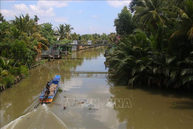 Cống ngăn mặn Hóc Hỏa, tại xã Hỏa Lựu được mở để lấy nước ngọt vào nội đồng. Ảnh: Duy Khương – TTXVN

