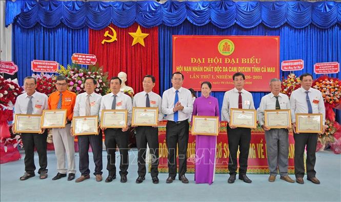 Phó Chủ tịch UBND tỉnh Cà Mau Ngô Vũ Thăng trao Bằng khen của Chủ tịch UBND tỉnh tặng các cá nhân có thành tích xuất sắc trong phong trào thi đua “Vì nạn nhân chất độc da cam” giai đoạn 2020-2025. Ảnh: Huỳnh Anh - TTXVN