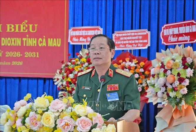 Trung tướng Nguyễn Hữu Chính, Chủ tịch Hội Nạn nhân chất độc da cam/Dioxin Việt Nam phát biểu chỉ đạo tại Đại hội. Ảnh: Huỳnh Anh - TTXVN