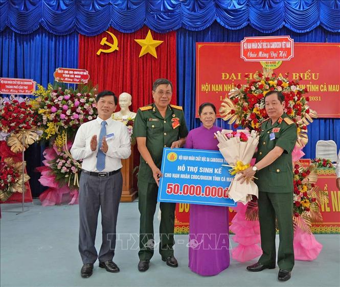 Trung tướng Nguyễn Hữu Chính, Chủ tịch Hội Nạn nhân chất độc da cam/Dioxin Việt Nam, trao bảng tượng trưng hỗ trợ sinh kế cho nạn nhân chất độc da cam tỉnh Cà Mau. Ảnh: Huỳnh Anh - TTXVN